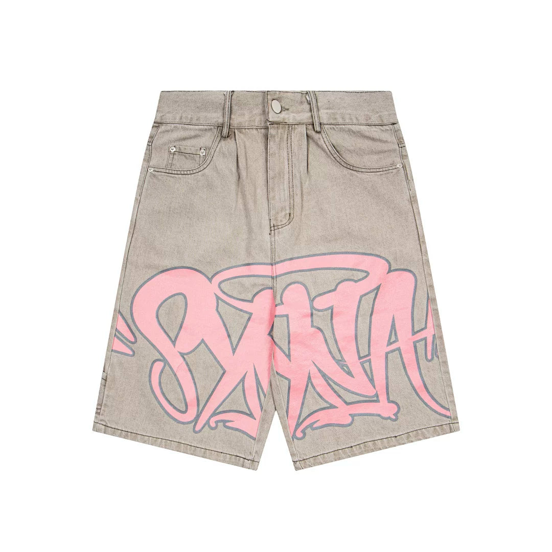 Synaworld jeans, trendy high street retro wash, vintage print, summer loose denim five quarter shorts (3)