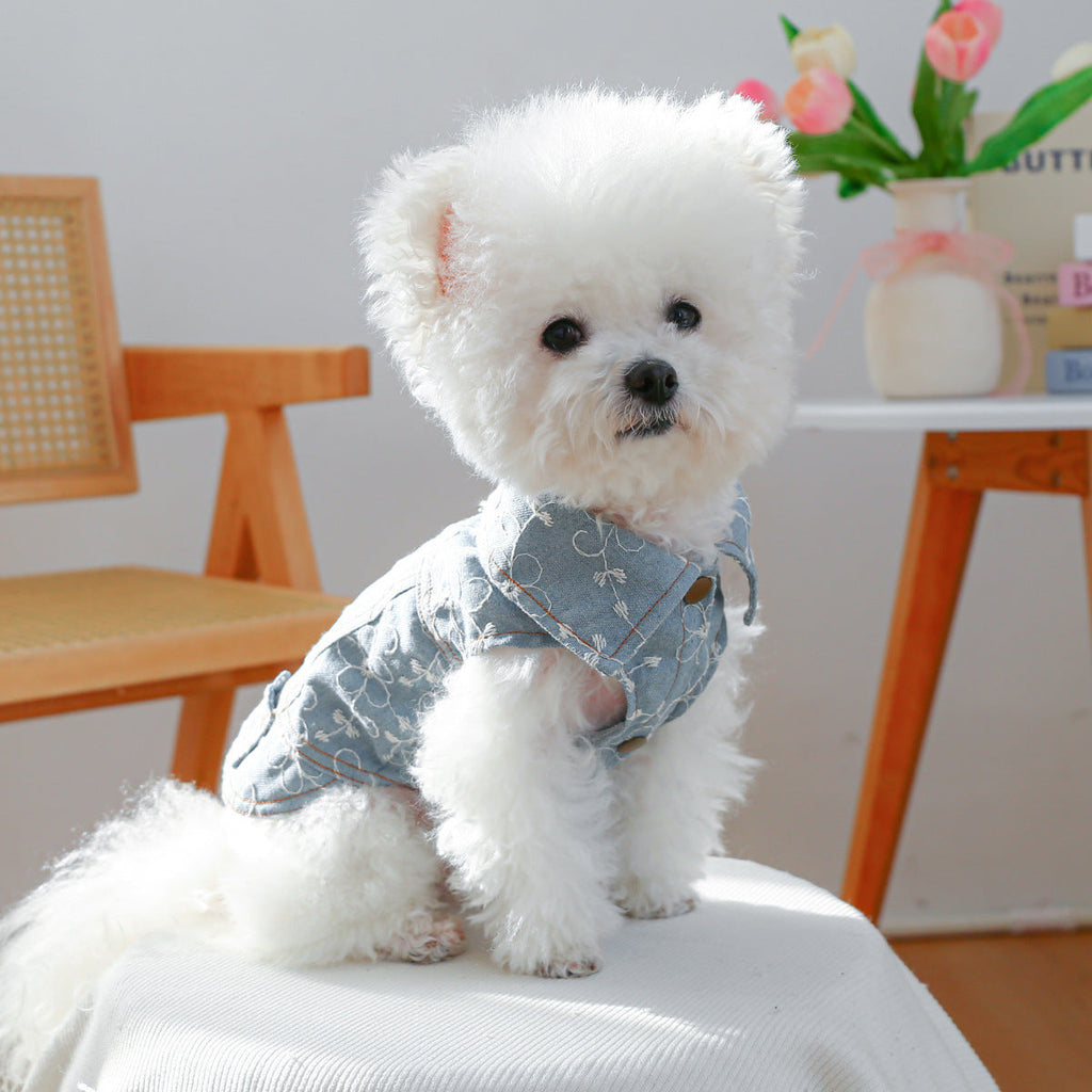 Flower Printed Dog Cat Denim Jacket Harness