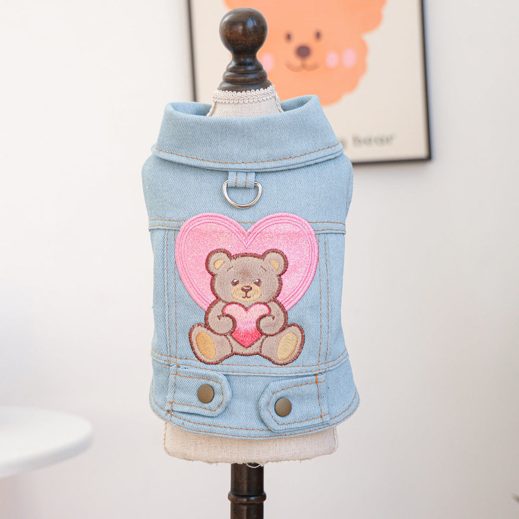 Pink Heart Bear Dog Cat Denim Harness Jacket