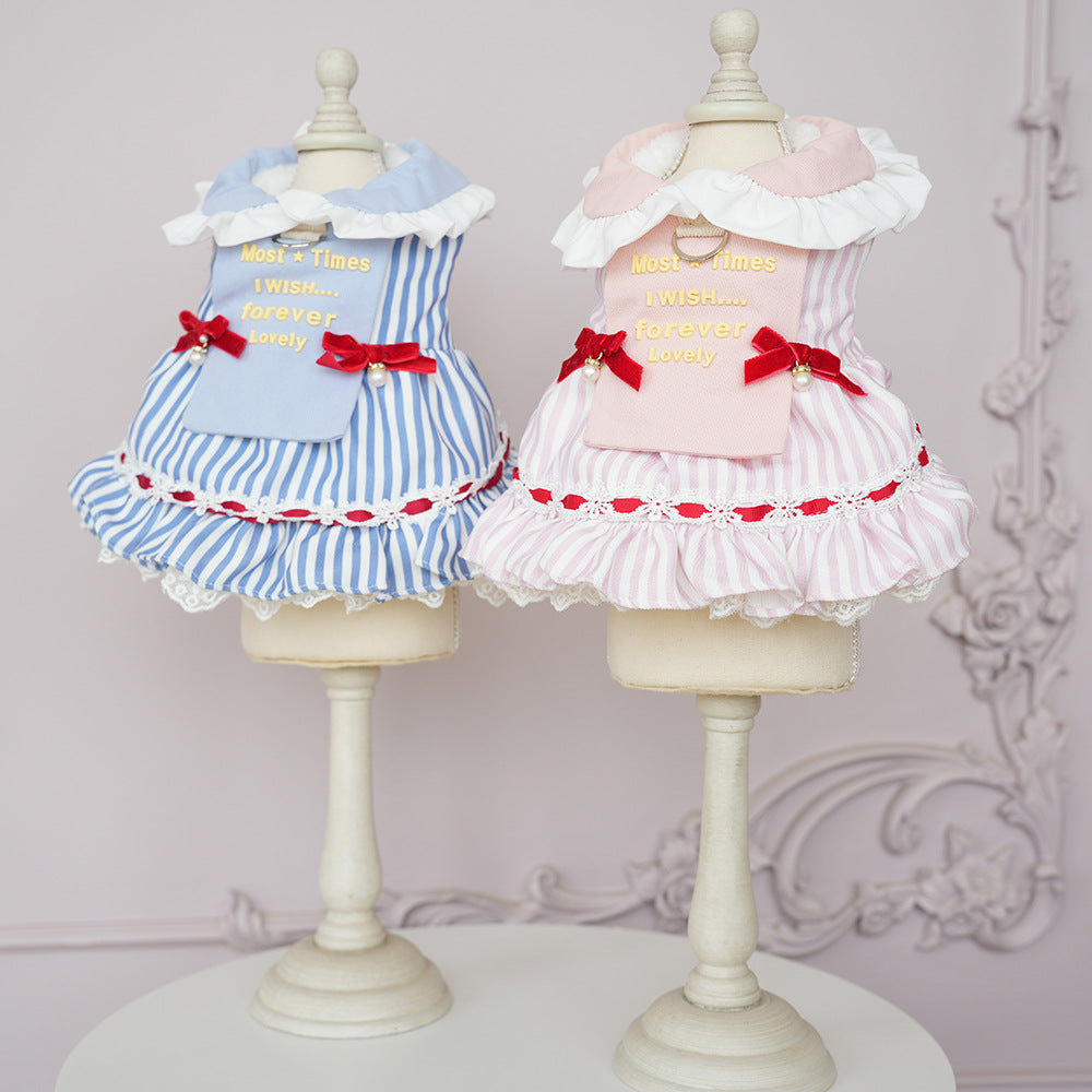 Sweet Striped Letter Bow Fleece Dog Cat Dress