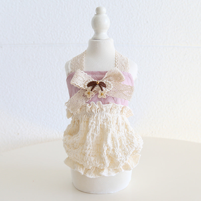 Flower Decor Lace Color Block Dog Cat Princess Dress Hat