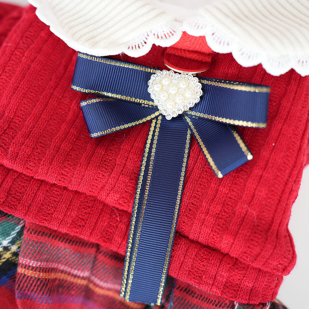 Knitted Plaid Bow Tie Dog Cat Jacket/Dress