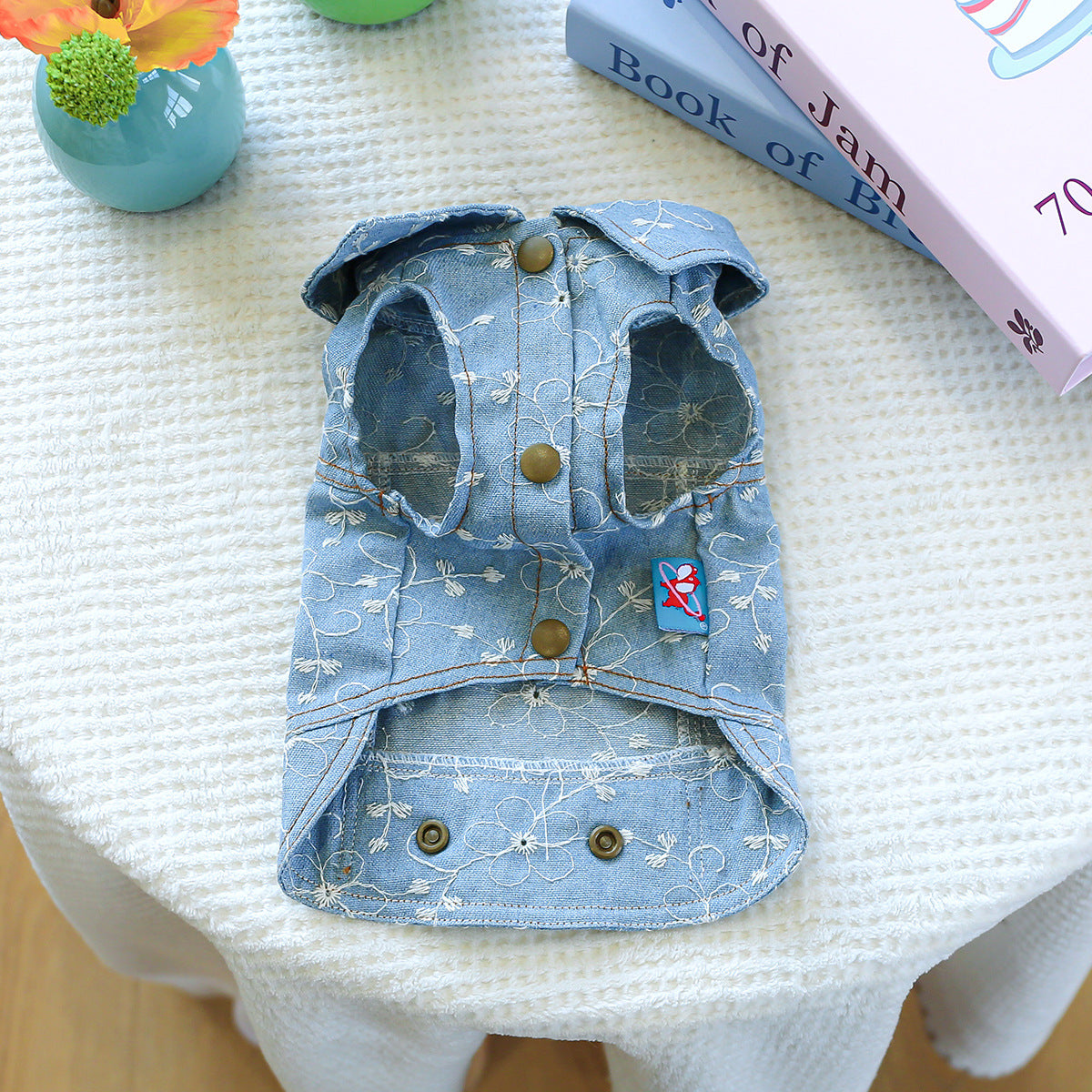 Flower Printed Dog Cat Denim Jacket Harness