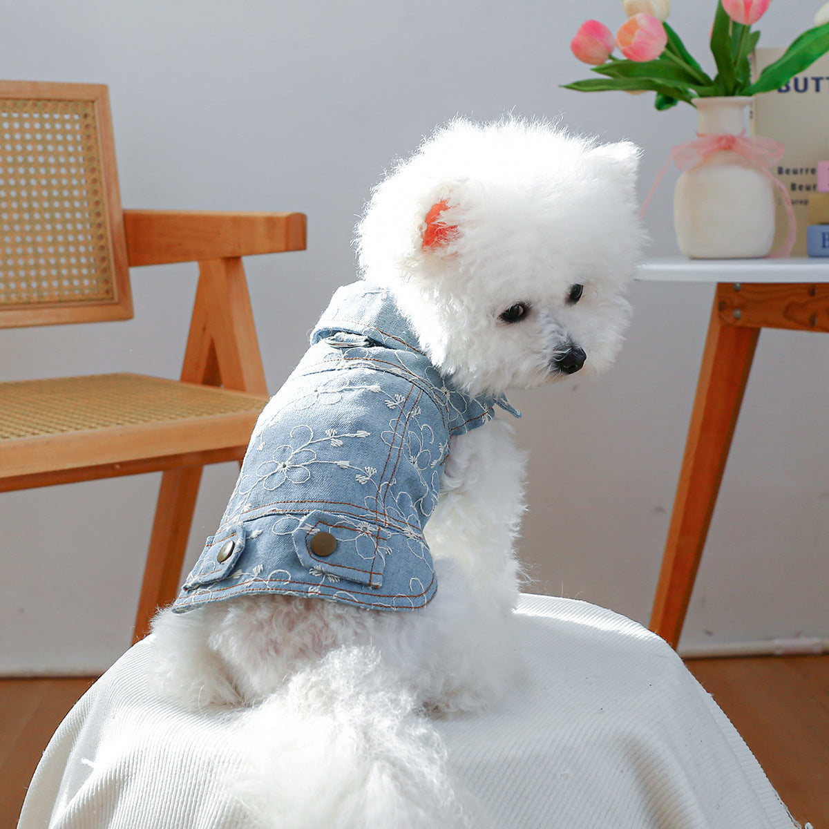 Flower Printed Dog Cat Denim Jacket Harness