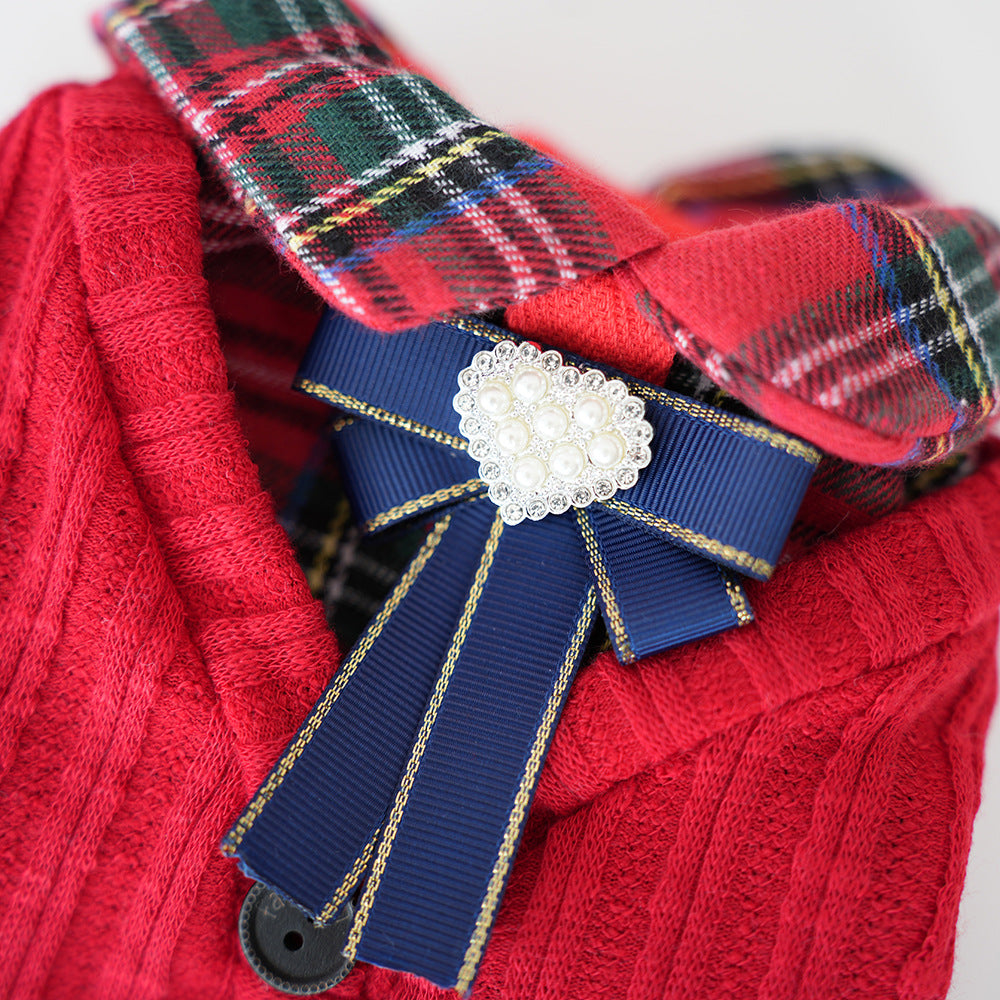 Knitted Plaid Bow Tie Dog Cat Jacket/Dress