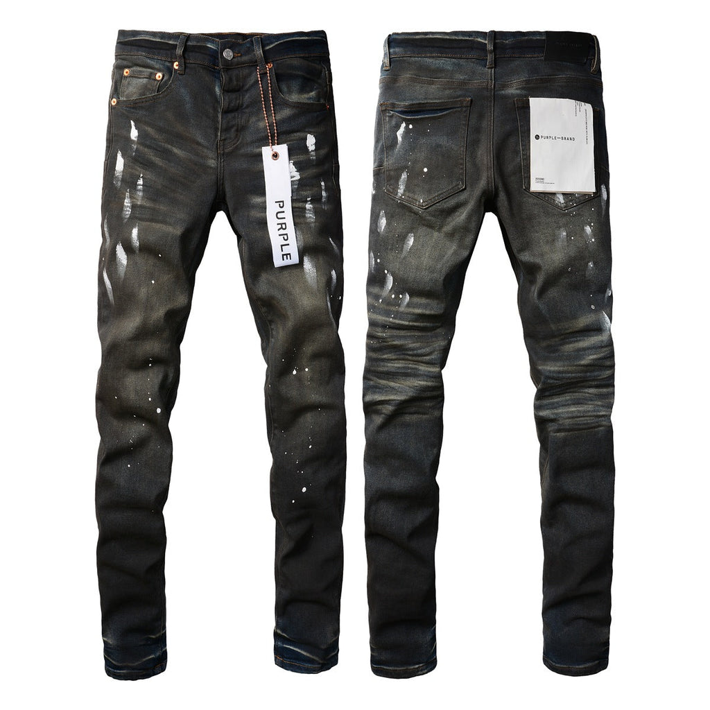 Mens Purple Ripped Jeans Stylish Slim Fit Black Paint High Street Denim Pants 9036