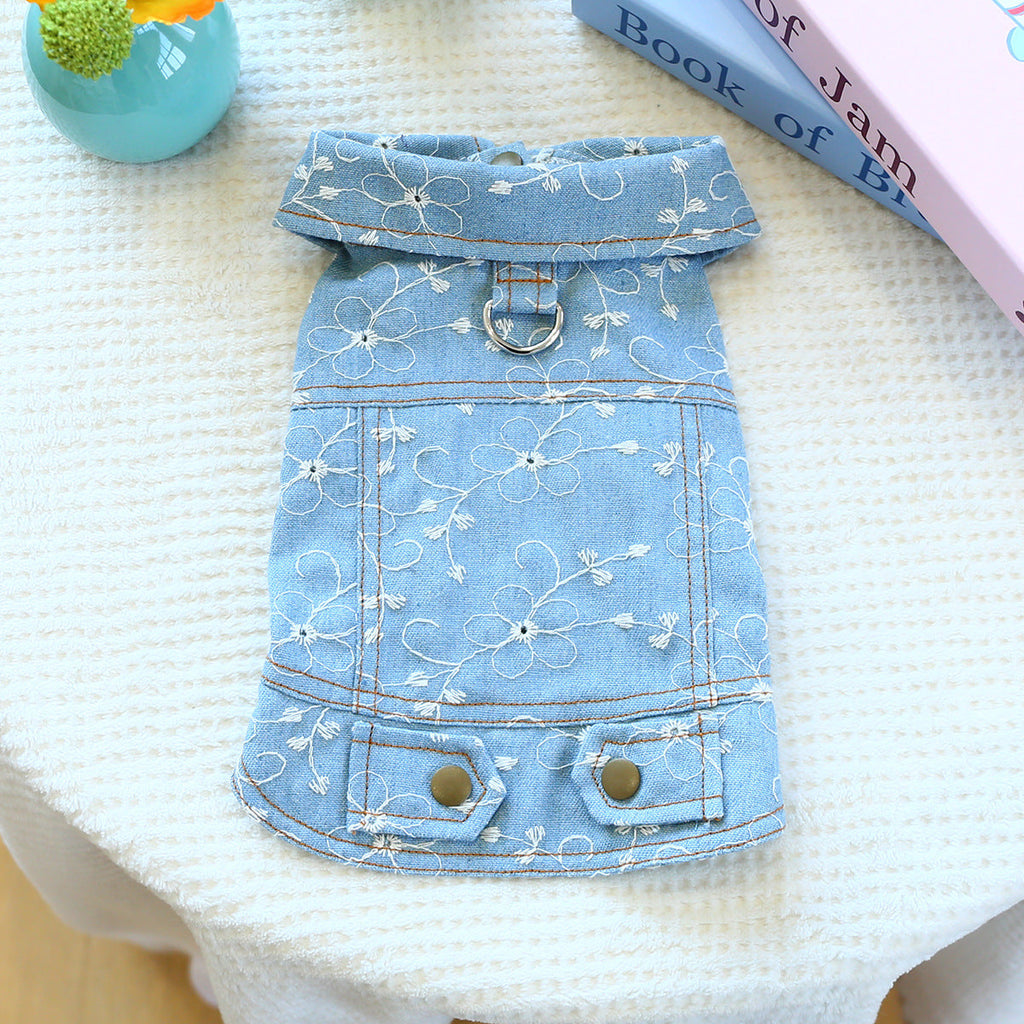 Flower Printed Dog Cat Denim Jacket Harness