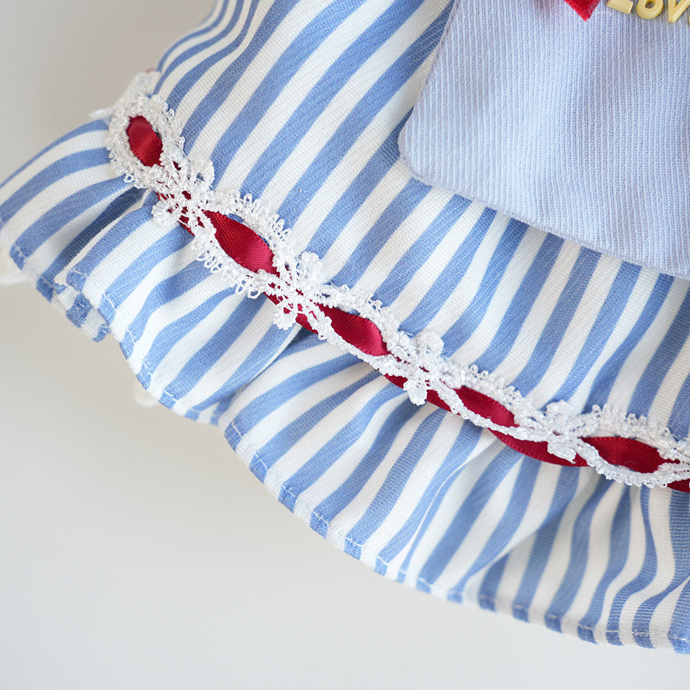 Sweet Striped Letter Bow Fleece Dog Cat Dress