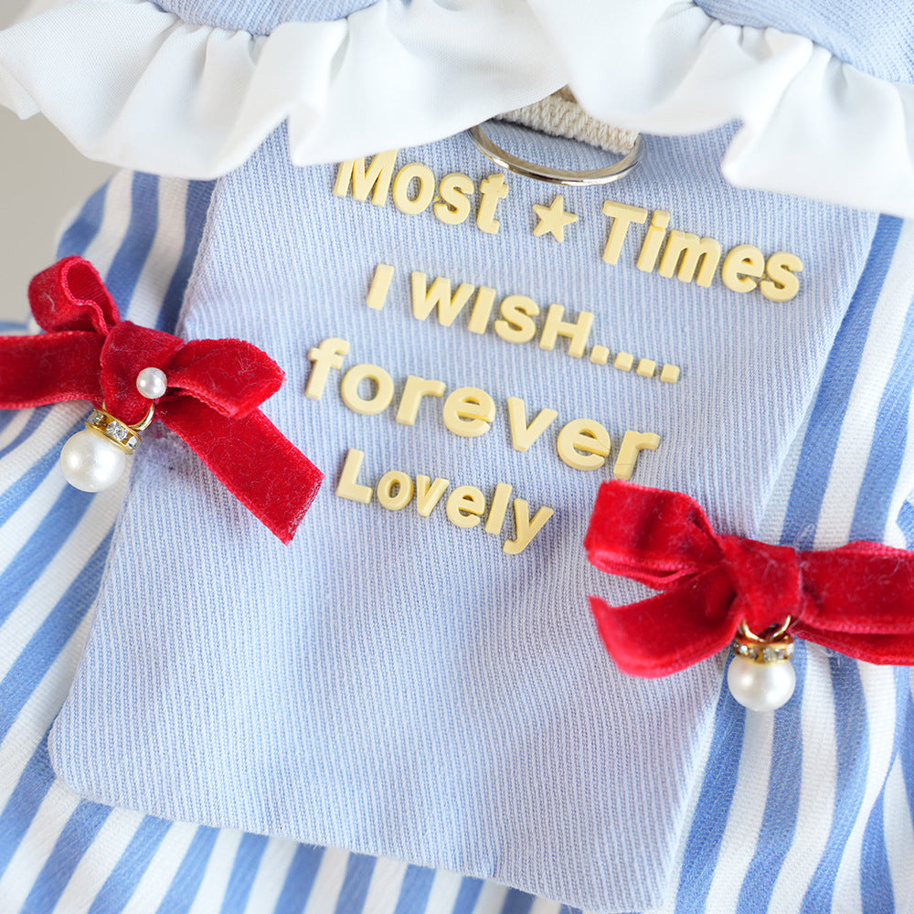 Sweet Striped Letter Bow Fleece Dog Cat Dress