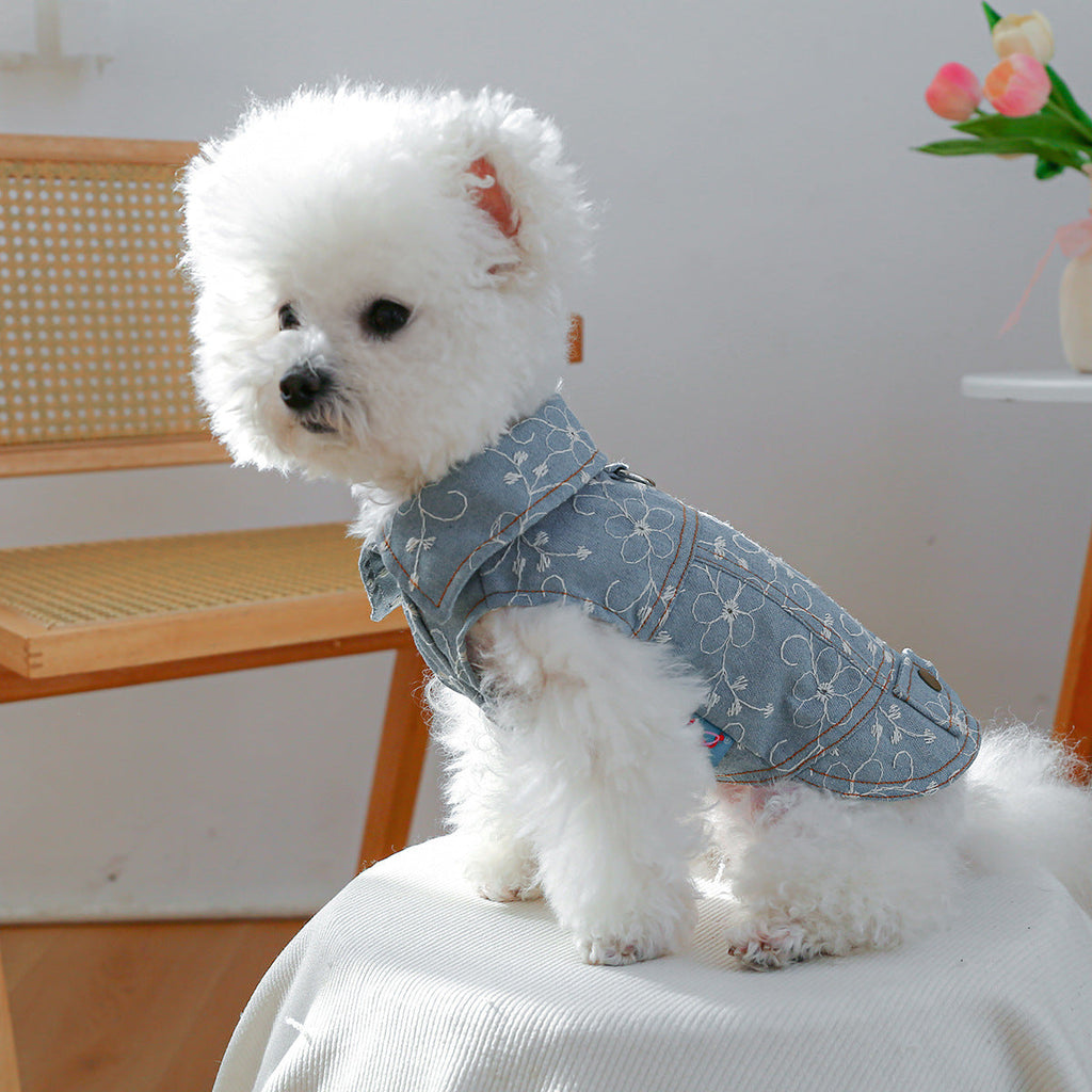 Flower Printed Dog Cat Denim Jacket Harness