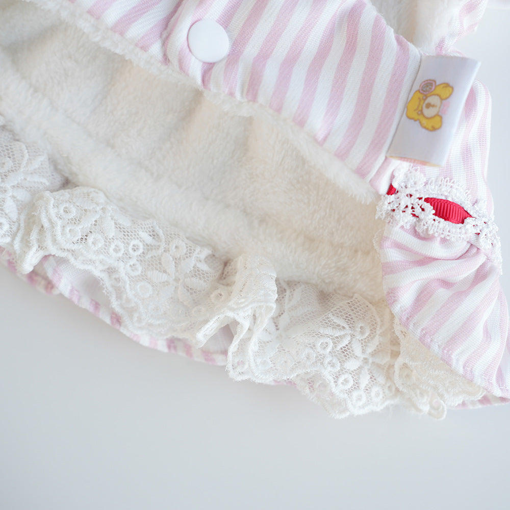 Sweet Striped Letter Bow Fleece Dog Cat Dress