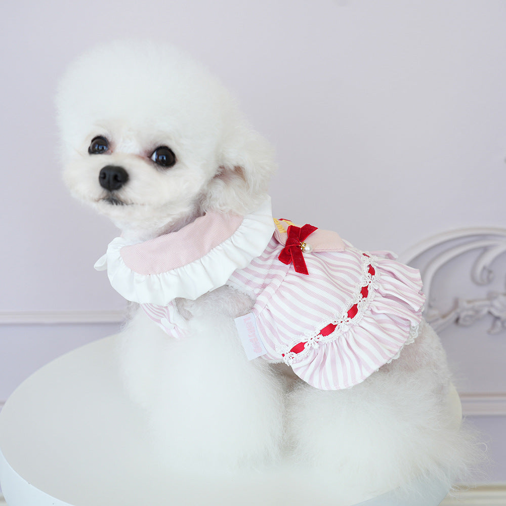 Sweet Striped Letter Bow Fleece Dog Cat Dress